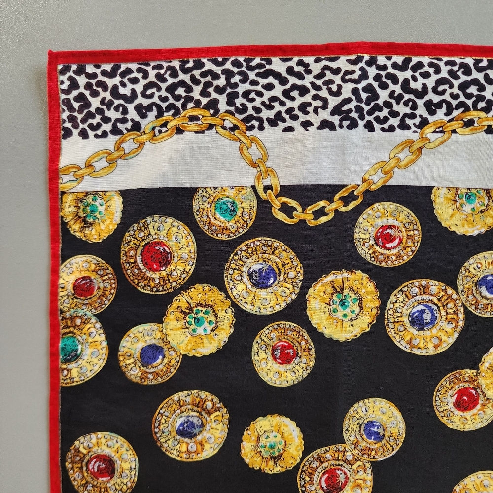 Celine Black & White Silk Bandanna with Gold, Red, Blue & Green Medallions EUC - Picture 12 of 15